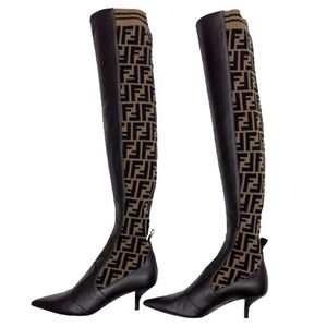 Fendi Rockoko FF Monogram Thigh-High Boots – Brown Knit & Leather, Size 7.5